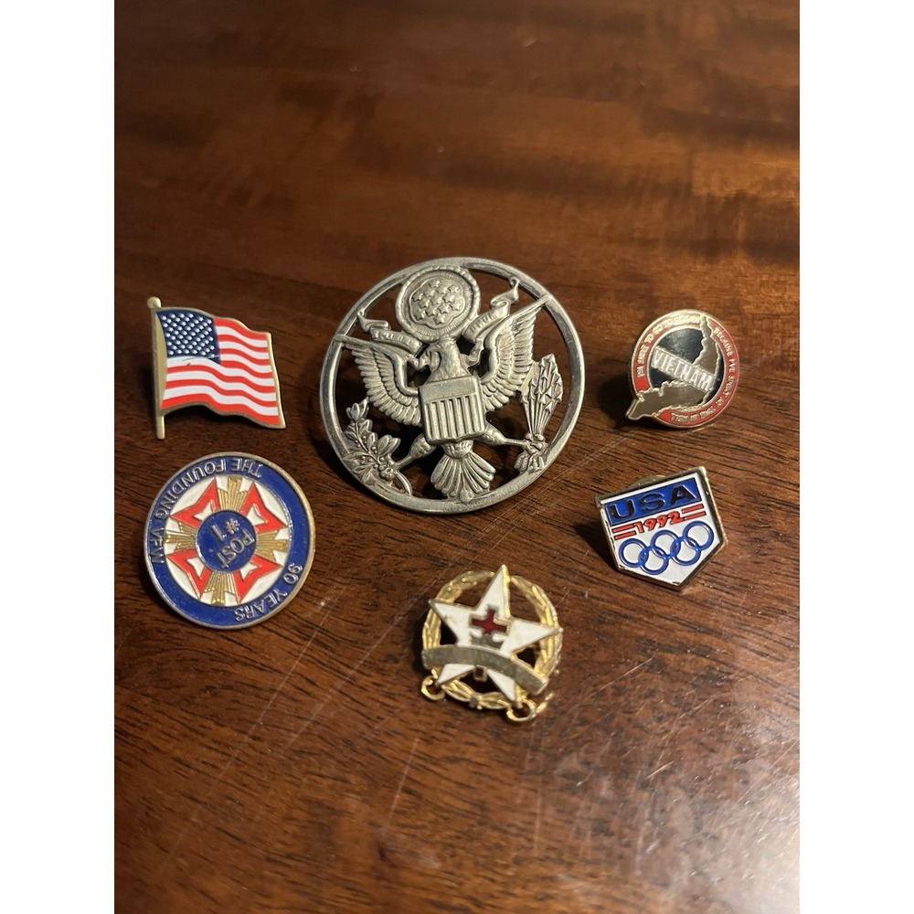 Vintage US Military & Patriotic Pin Lot - Army Insignia, VFW Post #1, 92 Olympic